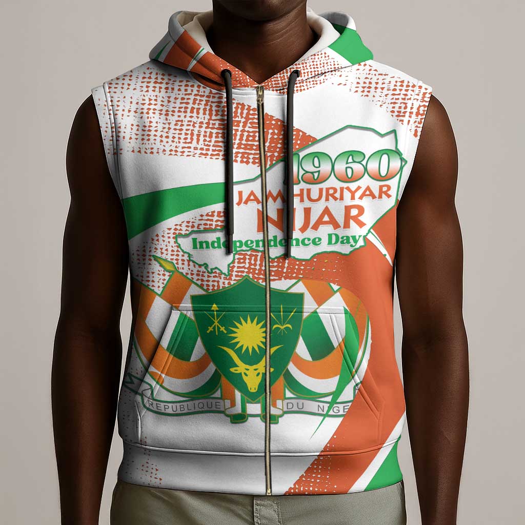 Personalized Happy Jamhuriyar Nijar Independence Day Sleeveless Zip Hoodie Coat Of Arm With Niger Map - African Pride