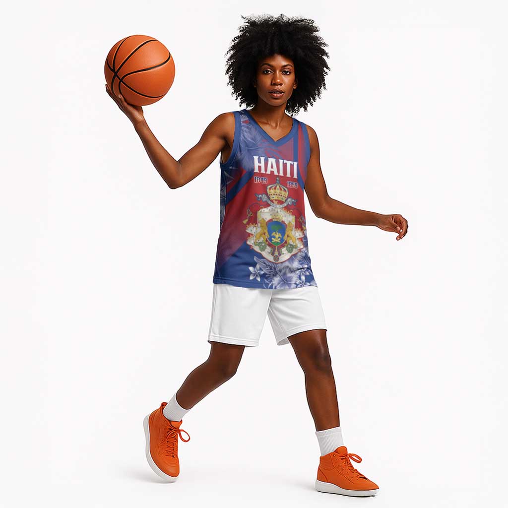 Personalized Second Anpi an Ayiti Basketball Jersey Imperial Haiti Coat Of Arms Tropical Flowers - African Pride