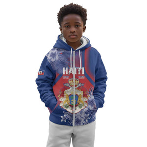 Personalized Second Anpi an Ayiti Kid Hoodie Imperial Haiti Coat Of Arms Tropical Flowers