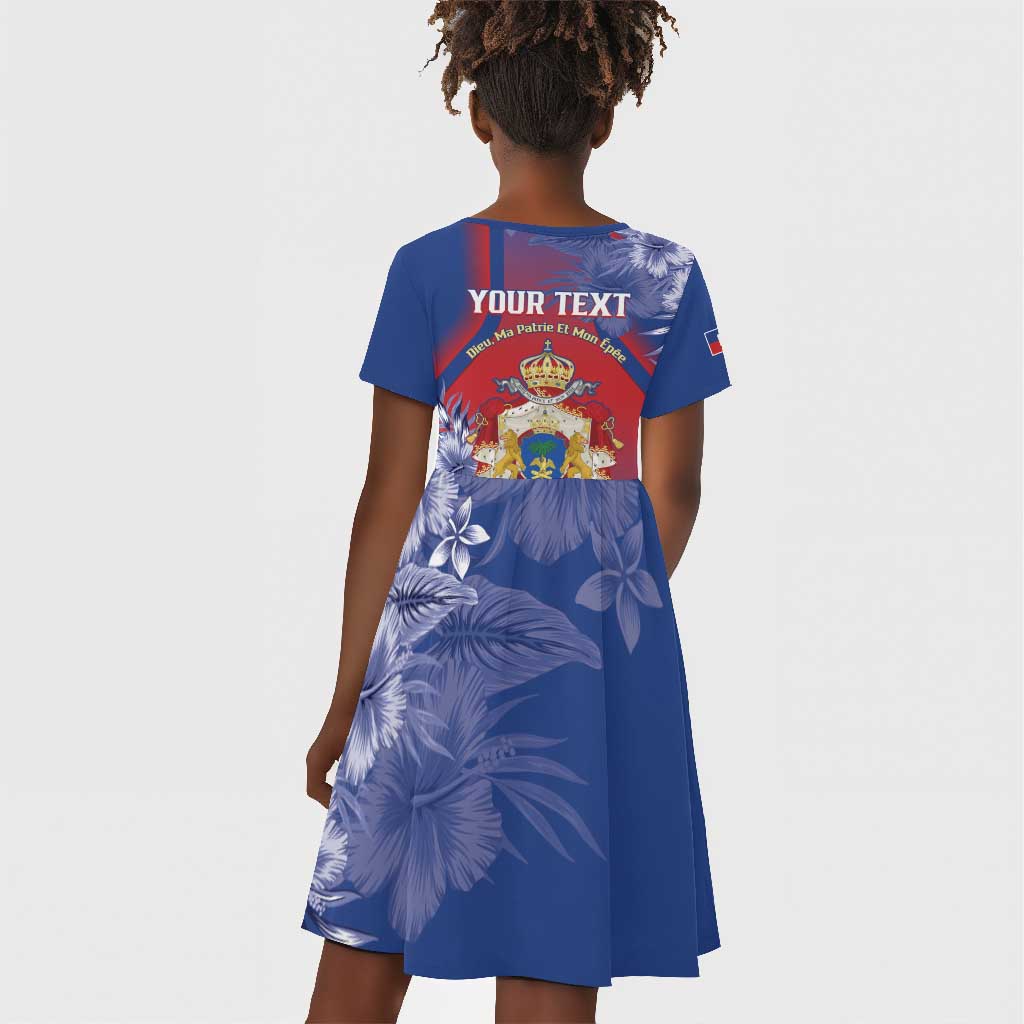 Personalized Second Anpi an Ayiti Kid Short Sleeve Dress Imperial Haiti Coat Of Arms Tropical Flowers