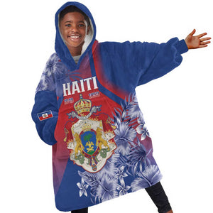Personalized Second Anpi an Ayiti Kid Wearable Blanket Hoodie Imperial Haiti Coat Of Arms Tropical Flowers