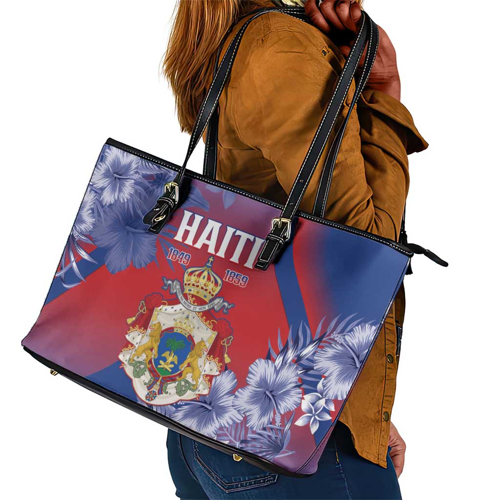 Second Anpi an Ayiti Leather Tote Bag Imperial Haiti Coat Of Arms Tropical Flowers