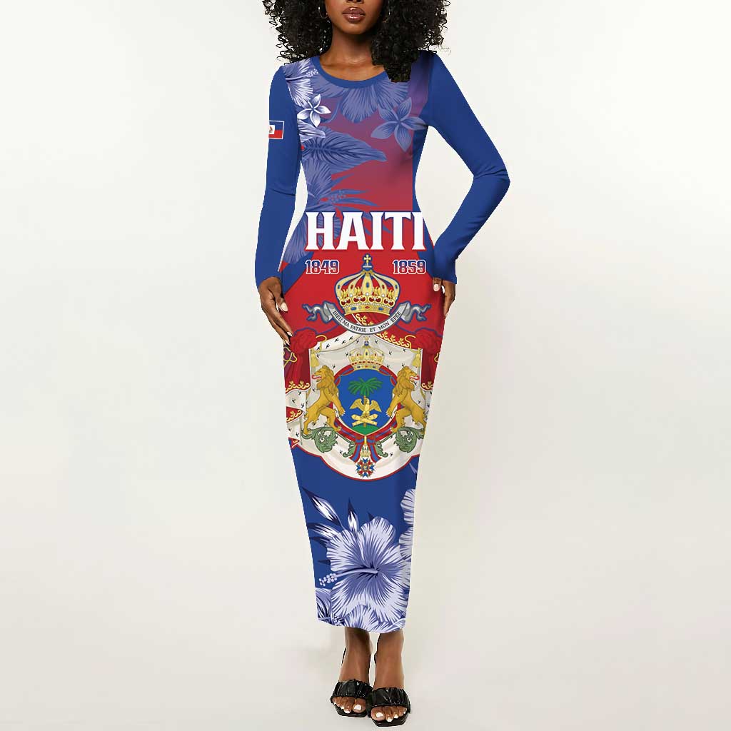 Personalized Second Anpi an Ayiti Long Sleeve Bodycon Dress Imperial Haiti Coat Of Arms Tropical Flowers