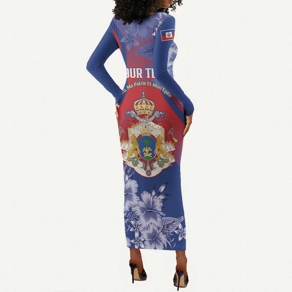 Personalized Second Anpi an Ayiti Long Sleeve Bodycon Dress Imperial Haiti Coat Of Arms Tropical Flowers