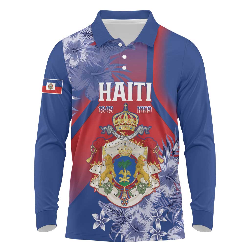 Personalized Second Anpi an Ayiti Long Sleeve Polo Shirt Imperial Haiti Coat Of Arms Tropical Flowers