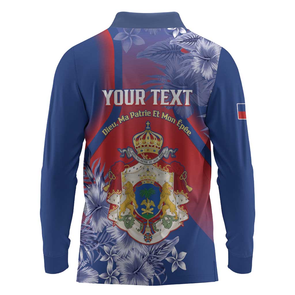 Personalized Second Anpi an Ayiti Long Sleeve Polo Shirt Imperial Haiti Coat Of Arms Tropical Flowers