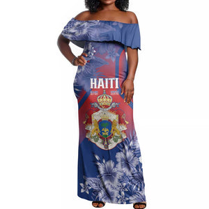 Personalized Second Anpi an Ayiti Off Shoulder Maxi Dress Imperial Haiti Coat Of Arms Tropical Flowers