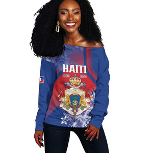 Personalized Second Anpi an Ayiti Off Shoulder Sweater Imperial Haiti Coat Of Arms Tropical Flowers