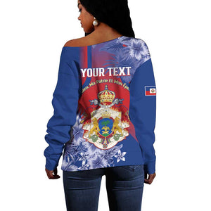 Personalized Second Anpi an Ayiti Off Shoulder Sweater Imperial Haiti Coat Of Arms Tropical Flowers