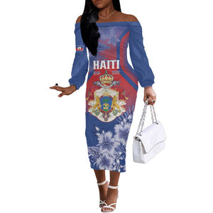 Personalized Second Anpi an Ayiti Off The Shoulder Long Sleeve Dress Imperial Haiti Coat Of Arms Tropical Flowers