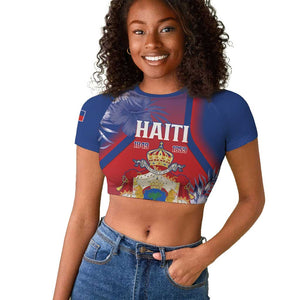 Personalized Second Anpi an Ayiti Raglan Cropped T shirt Imperial Haiti Coat Of Arms Tropical Flowers