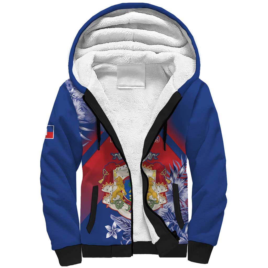 Personalized Second Anpi an Ayiti Sherpa Hoodie Imperial Haiti Coat Of Arms Tropical Flowers