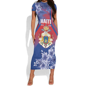 Personalized Second Anpi an Ayiti Short Sleeve Bodycon Dress Imperial Haiti Coat Of Arms Tropical Flowers