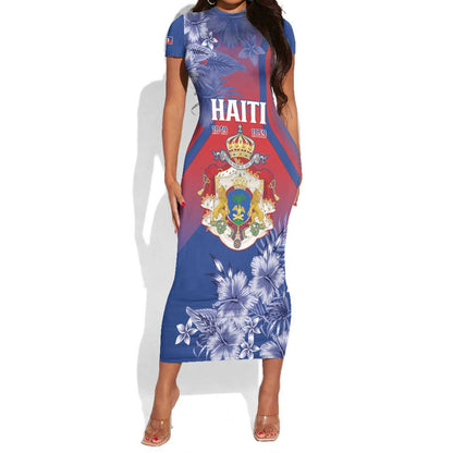 Personalized Second Anpi an Ayiti Short Sleeve Bodycon Dress Imperial Haiti Coat Of Arms Tropical Flowers