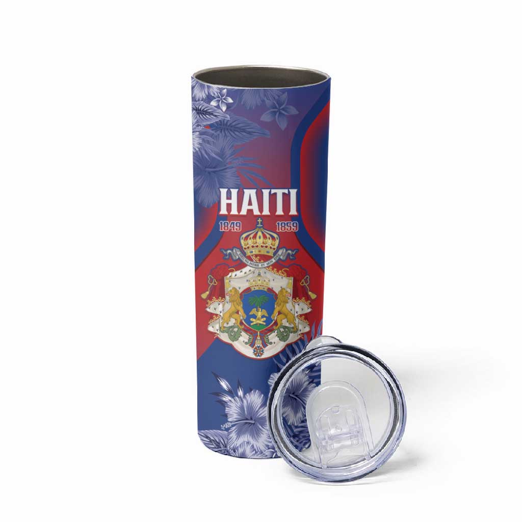 Personalized Second Anpi an Ayiti Skinny Tumbler Imperial Haiti Coat Of Arms Tropical Flowers