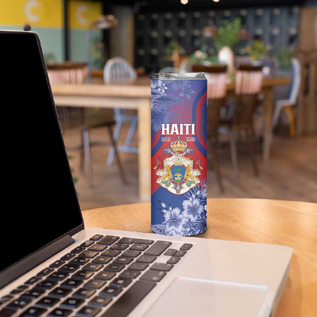 Personalized Second Anpi an Ayiti Skinny Tumbler Imperial Haiti Coat Of Arms Tropical Flowers