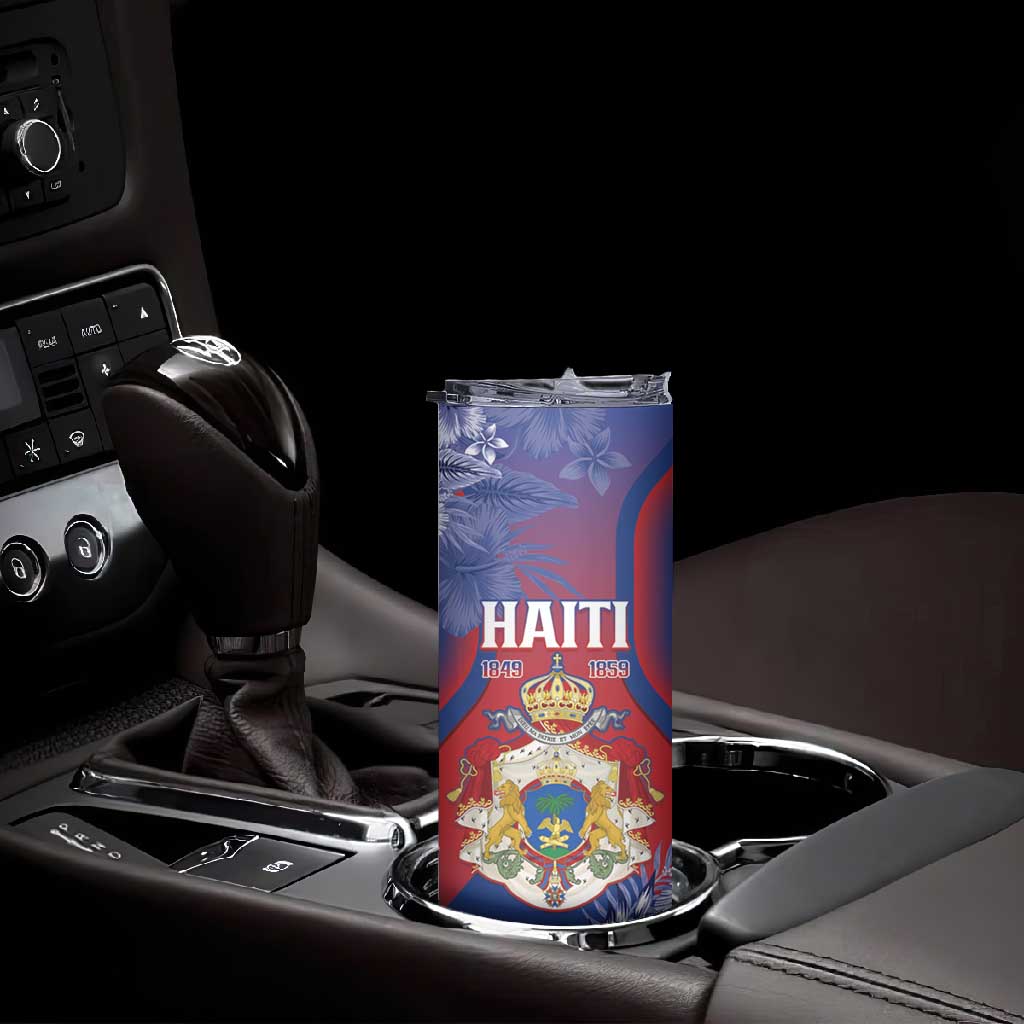 Personalized Second Anpi an Ayiti Skinny Tumbler Imperial Haiti Coat Of Arms Tropical Flowers