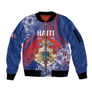 Personalized Second Anpi an Ayiti Sleeve Zip Bomber Jacket Imperial Haiti Coat Of Arms Tropical Flowers