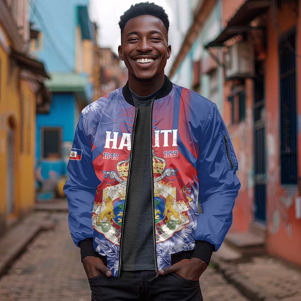 Personalized Second Anpi an Ayiti Sleeve Zip Bomber Jacket Imperial Haiti Coat Of Arms Tropical Flowers