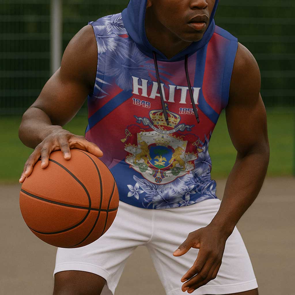 Personalized Second Anpi an Ayiti Sleeveless Hoodie Imperial Haiti Coat Of Arms Tropical Flowers - African Pride