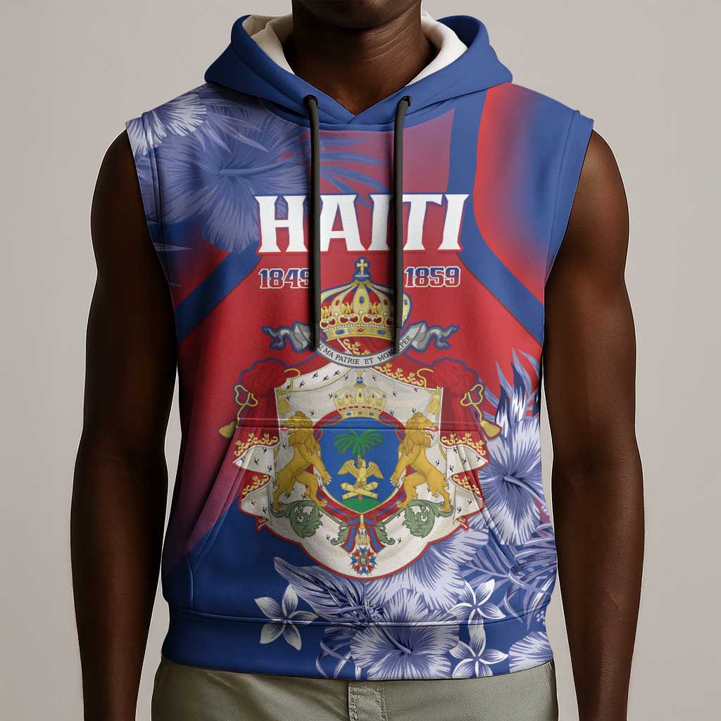 Personalized Second Anpi an Ayiti Sleeveless Hoodie Imperial Haiti Coat Of Arms Tropical Flowers - African Pride