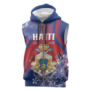 Personalized Second Anpi an Ayiti Sleeveless Zip Hoodie Imperial Haiti Coat Of Arms Tropical Flowers - African Pride