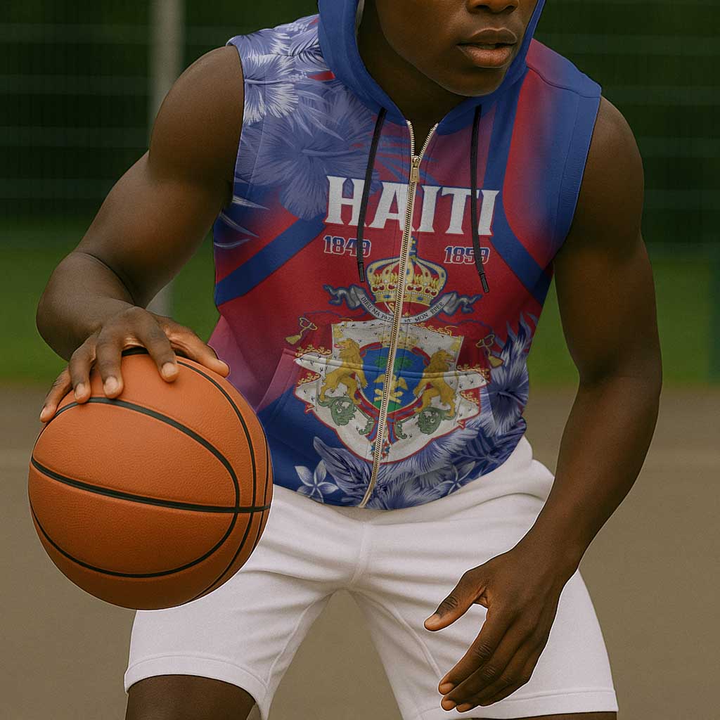 Personalized Second Anpi an Ayiti Sleeveless Zip Hoodie Imperial Haiti Coat Of Arms Tropical Flowers - African Pride