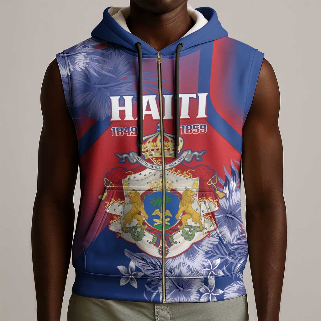 Personalized Second Anpi an Ayiti Sleeveless Zip Hoodie Imperial Haiti Coat Of Arms Tropical Flowers - African Pride