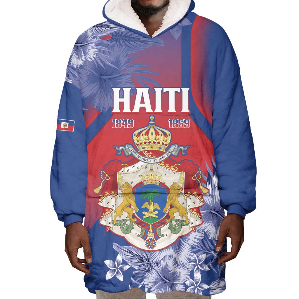 Personalized Second Anpi an Ayiti Wearable Blanket Hoodie Imperial Haiti Coat Of Arms Tropical Flowers