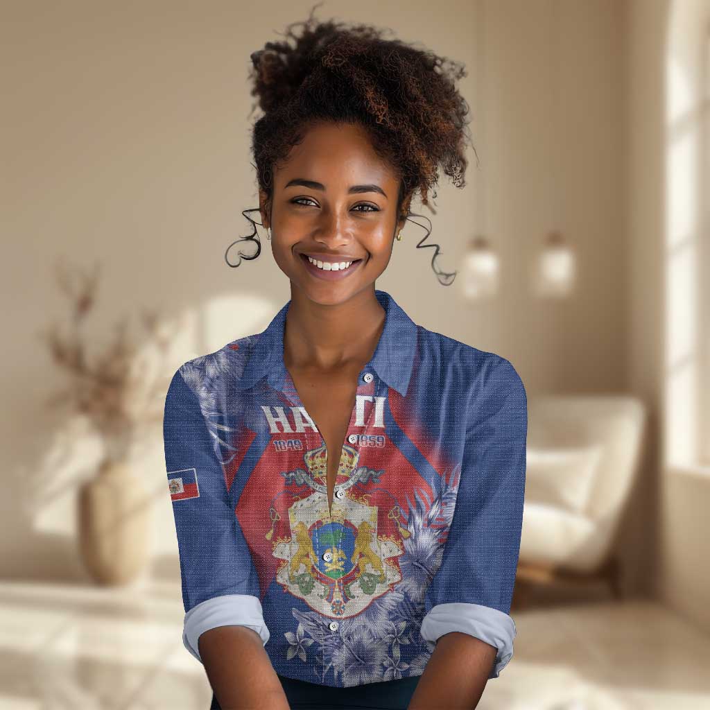 Personalized Second Anpi an Ayiti Women Casual Shirt Imperial Haiti Coat Of Arms Tropical Flowers