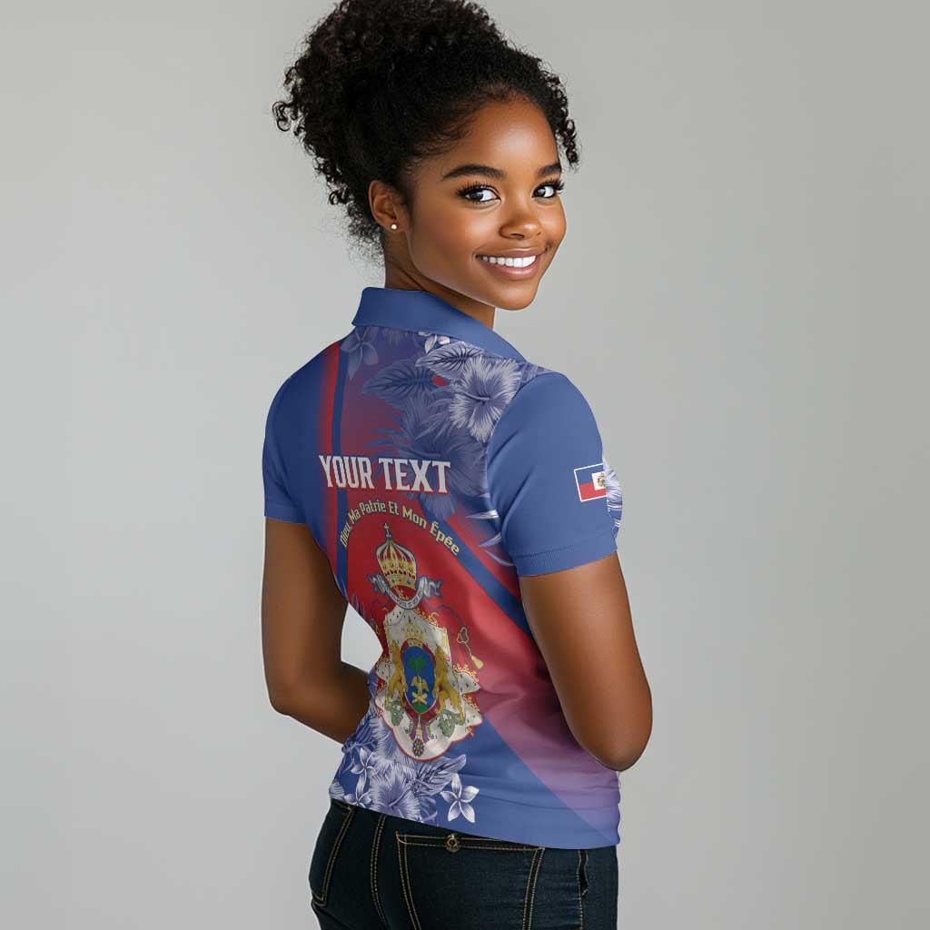Personalized Second Anpi an Ayiti Women Polo Shirt Imperial Haiti Coat Of Arms Tropical Flowers