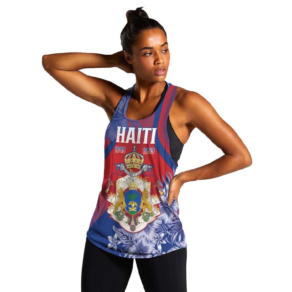 Personalized Second Anpi an Ayiti Women Racerback Tank Imperial Haiti Coat Of Arms Tropical Flowers