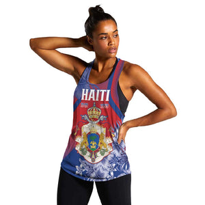 Personalized Second Anpi an Ayiti Women Racerback Tank Imperial Haiti Coat Of Arms Tropical Flowers