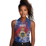 Personalized Second Anpi an Ayiti Women Sleeveless Polo Shirt Imperial Haiti Coat Of Arms Tropical Flowers