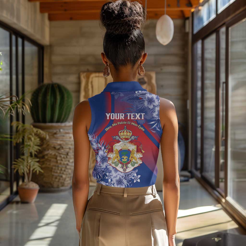 Personalized Second Anpi an Ayiti Women Sleeveless Polo Shirt Imperial Haiti Coat Of Arms Tropical Flowers