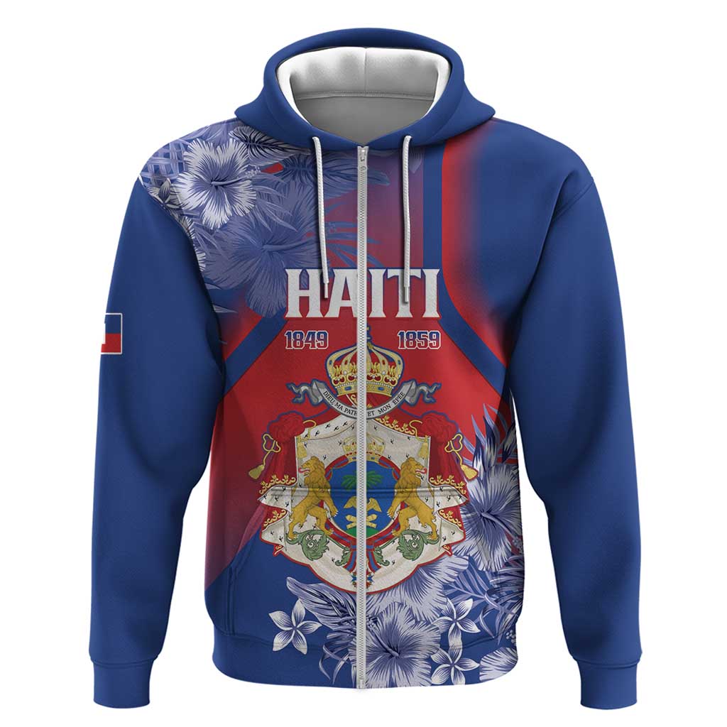 Personalized Second Anpi an Ayiti Zip Hoodie Imperial Haiti Coat Of Arms Tropical Flowers