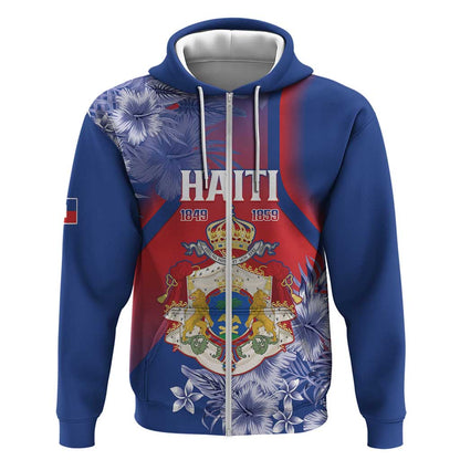 Personalized Second Anpi an Ayiti Zip Hoodie Imperial Haiti Coat Of Arms Tropical Flowers