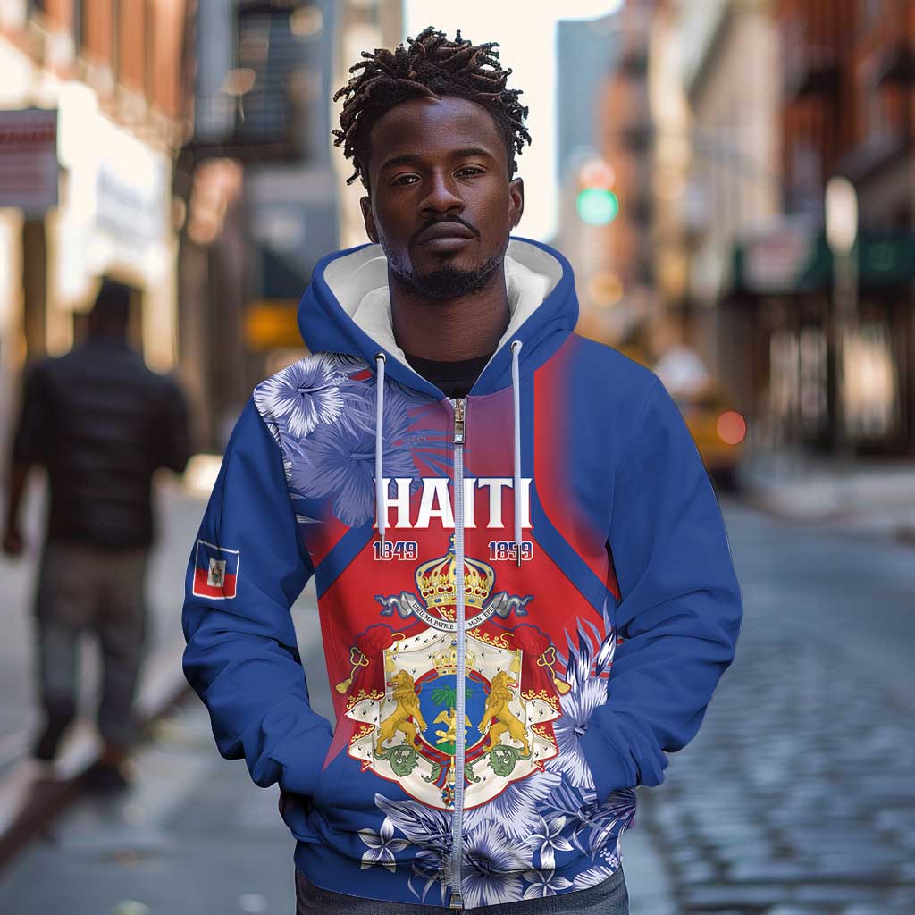 Personalized Second Anpi an Ayiti Zip Hoodie Imperial Haiti Coat Of Arms Tropical Flowers