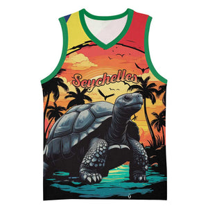 Personalised Afro Seychelles Basketball Jersey Aldabra Giant Tortoise With Beach Sunset - African Pride