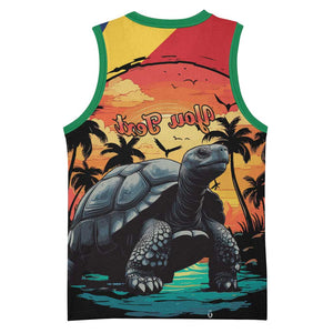 Personalised Afro Seychelles Basketball Jersey Aldabra Giant Tortoise With Beach Sunset - African Pride