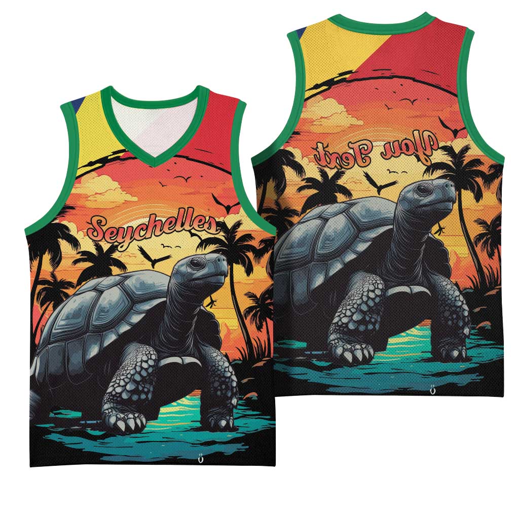 Personalised Afro Seychelles Basketball Jersey Aldabra Giant Tortoise With Beach Sunset - African Pride