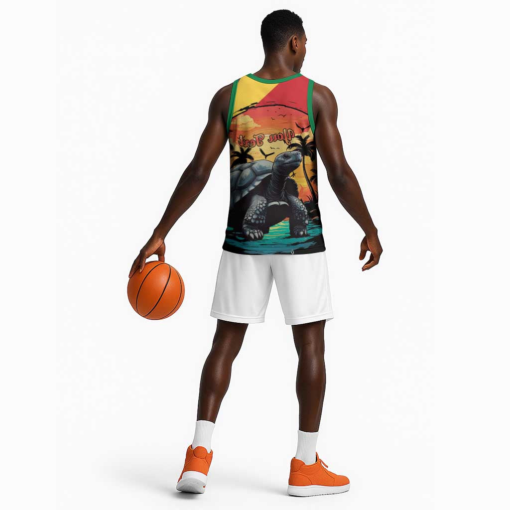 Personalised Afro Seychelles Basketball Jersey Aldabra Giant Tortoise With Beach Sunset - African Pride