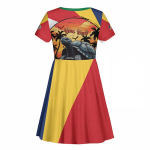 Personalised Afro Seychelles Kid Short Sleeve Dress Aldabra Giant Tortoise With Beach Sunset