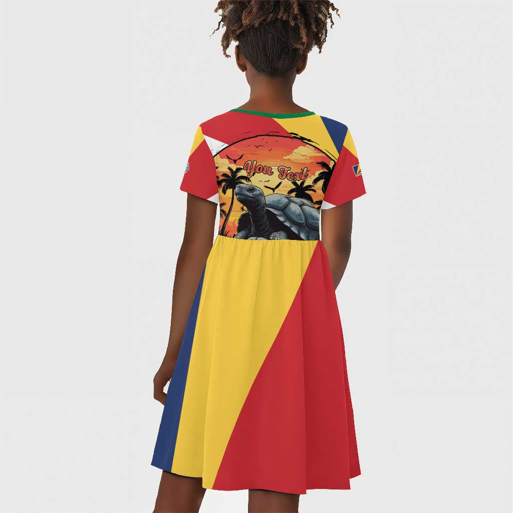 Personalised Afro Seychelles Kid Short Sleeve Dress Aldabra Giant Tortoise With Beach Sunset