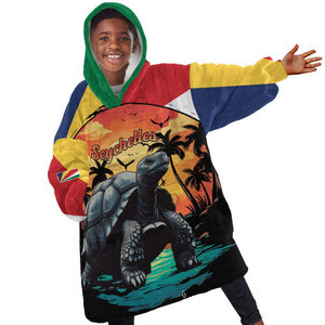 Personalised Afro Seychelles Kid Wearable Blanket Hoodie Aldabra Giant Tortoise With Beach Sunset