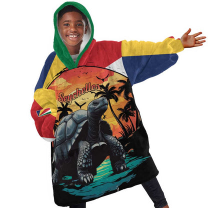 Personalised Afro Seychelles Kid Wearable Blanket Hoodie Aldabra Giant Tortoise With Beach Sunset