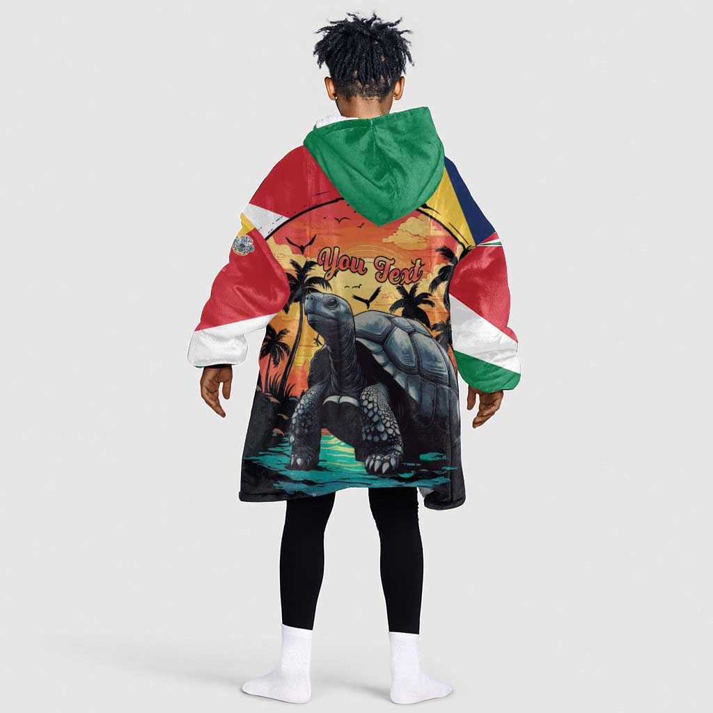 Personalised Afro Seychelles Kid Wearable Blanket Hoodie Aldabra Giant Tortoise With Beach Sunset