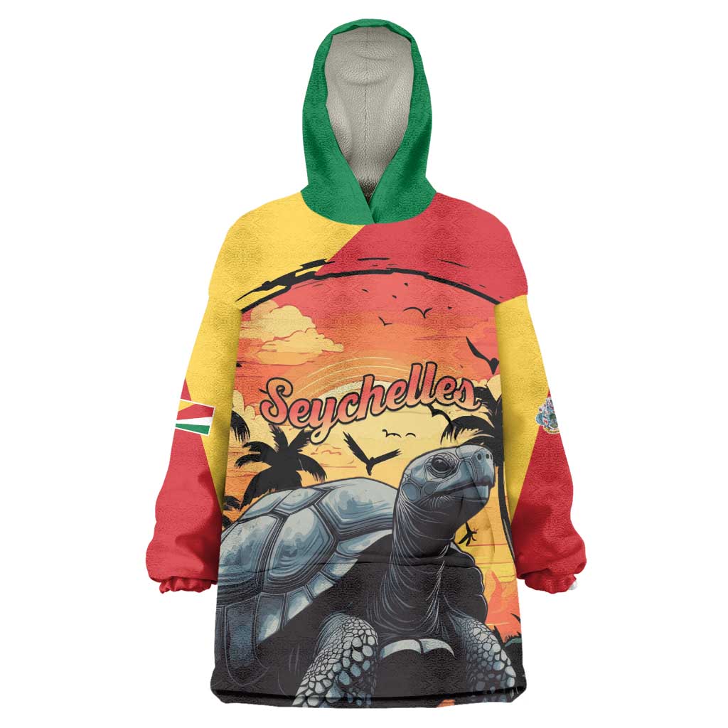 Personalised Afro Seychelles Kid Wearable Blanket Hoodie Aldabra Giant Tortoise With Beach Sunset