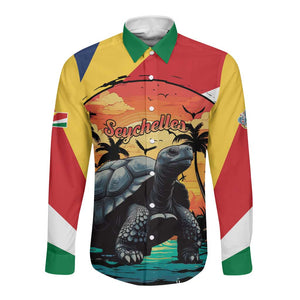 Personalised Afro Seychelles Long Sleeve Button Shirt Aldabra Giant Tortoise With Beach Sunset