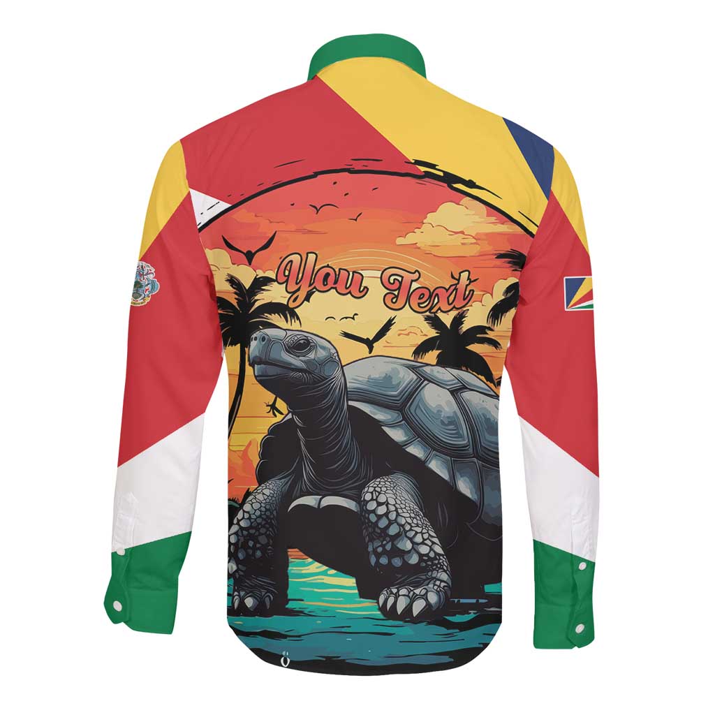 Personalised Afro Seychelles Long Sleeve Button Shirt Aldabra Giant Tortoise With Beach Sunset